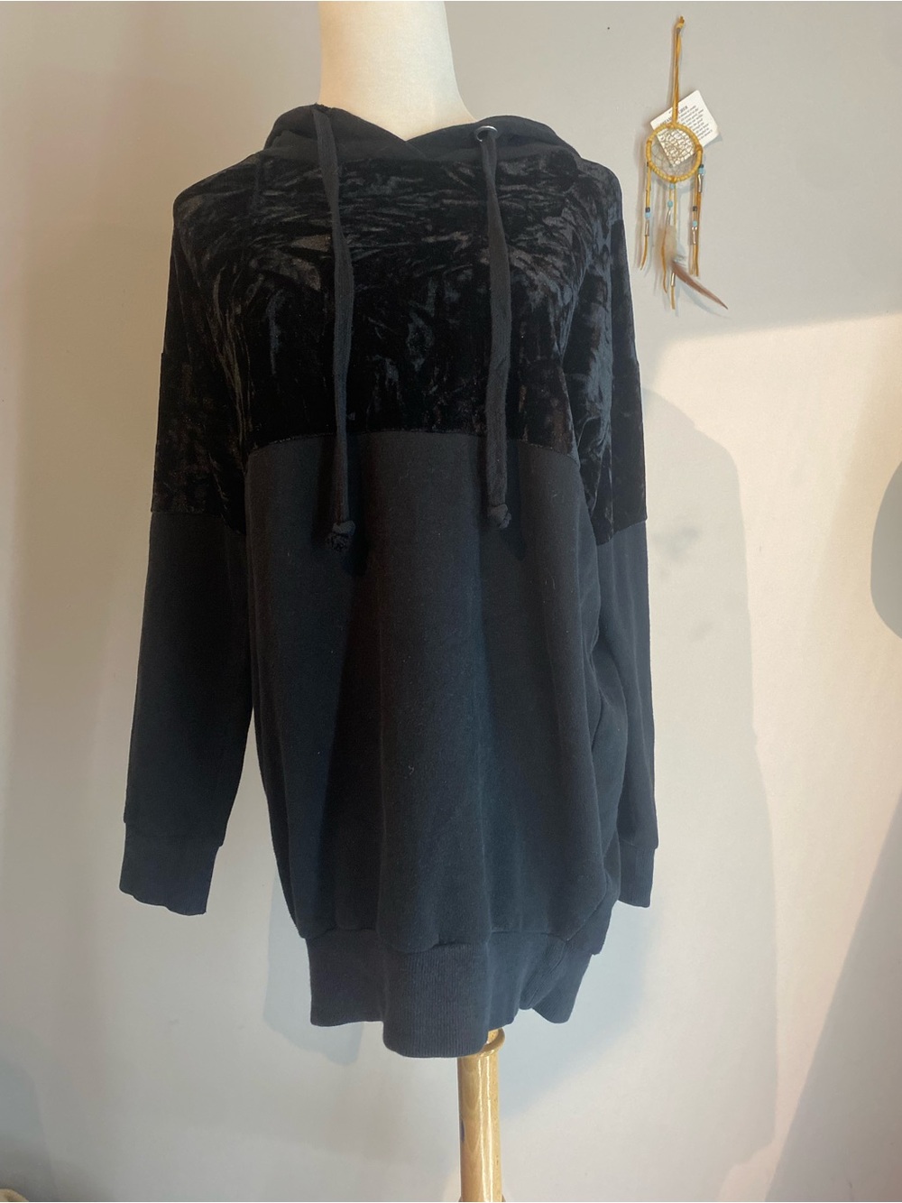 Velvet-Panel Black Hoodie dress